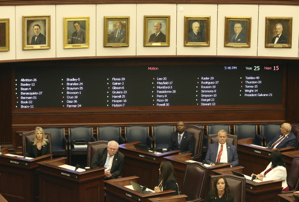 By a vote of 25 to 15 the Florida senate votes to uphold Gov. Ron DeSantis' dismissal of Broward county sheriff Scott Israel on Wednesday Oct. 23, 2019, in Tallahassee, Fla. The Florida Senate backed the suspension of Broward County Sheriff Scott Israel, who the Republican governor said bungled the response to last year's mass shooting in Parkland that killed 17 people.(AP Photo/Steve Cannon)