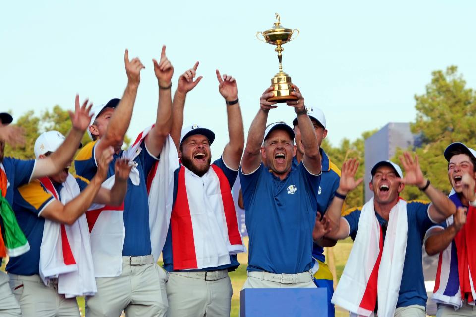 Oct 1, 2023; Rome, ITA; Team Europe captain Luke Donald and Team Europe celebrates with the Ryder Cup after beating Team USA during the final day of the 44th Ryder Cup golf competition at Marco Simone Golf and Country Club. Mandatory Credit: Kyle Terada-USA TODAY Sports