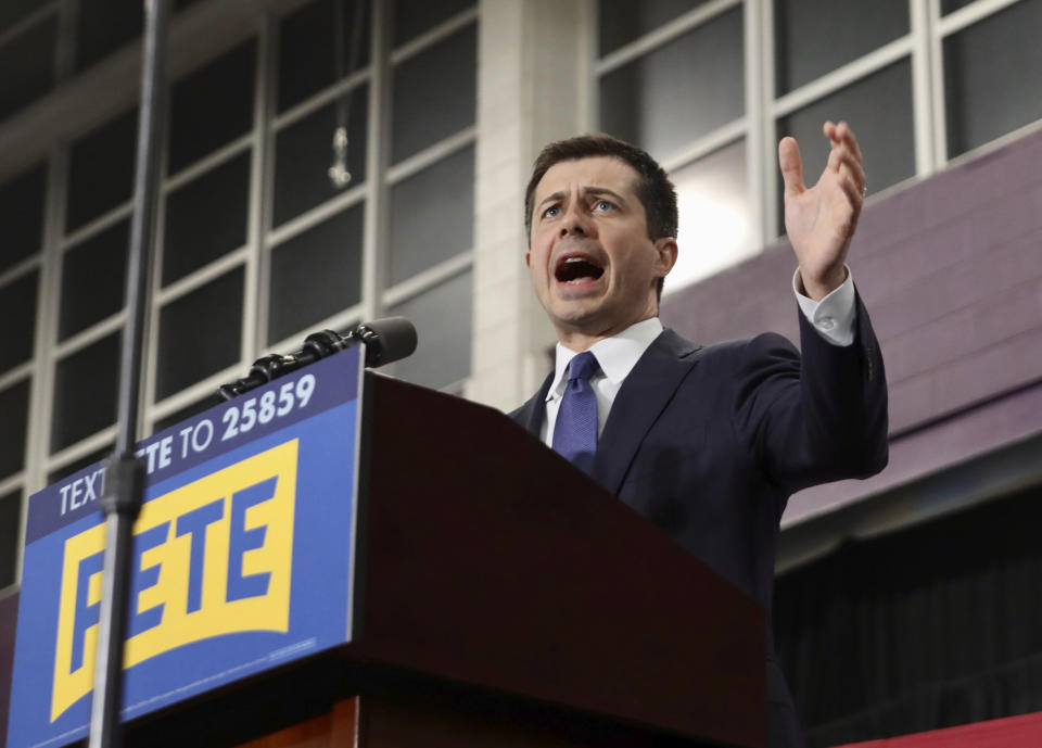 Democratic presidential candidate Pete Buttigieg speaks to the crowd during a rally in Raleigh, N.C., Saturday, Feb. 29, 2020. (Caleb Jones/The News & Observer via AP)