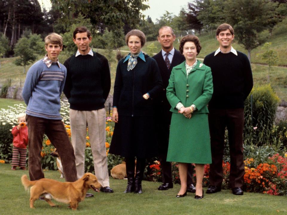 (L-R) Prince Edward, Prince Charles, Princess Anne, Prince Philip, the Queen and Prince Andrew at Balmoral in 1979 (PA)