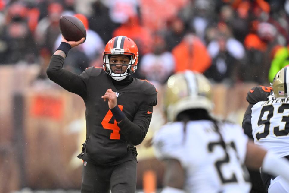 Cleveland Browns quarterback Deshaun Watson (4) throws during the first half of an NFL football game against the New Orleans Saints Dec. 24 in Cleveland.