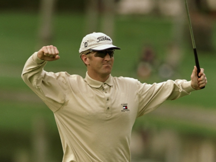 David Duval celebrates holing a putt