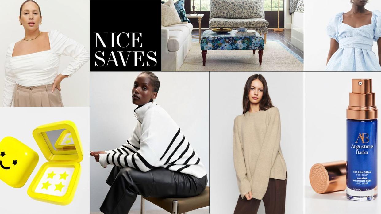 a collage of items on sale at reformation, matchesfashion, and shop bop in a guide to nice saves best items on sale week of august 16