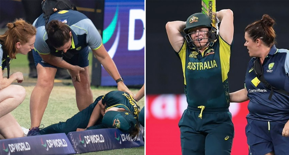 Alyssa Healy and Tayla Vlaeminck were both injured in Australia's win. Pic: ESPN Cricinfo