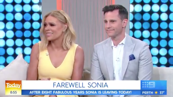 Outgoing host Sonia Kruger (with David Campbell) was given an emotional farewell on Today. Photo: Channel Nine.