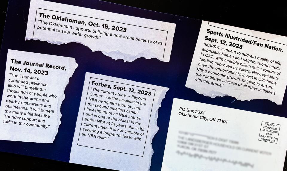 Direct mail material for the vote on a new downtown Oklahoma City arena is pictured Dec. 5.