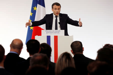 French President Emmanuel Macron delivers a speech to the young French farmers invited at the Elysee Palace before the opening of the 2018 Paris International Agricultural Show in Paris, France, February 22, 2018. REUTERS/Etienne Laurent/Pool