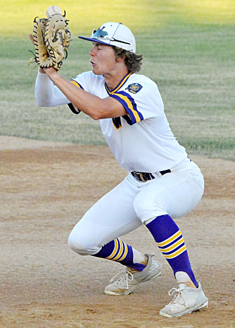 A high hop carooms off the glove of Watertown Post 17 first baseman Marcus Rabine during Thursday's American Legion Baseball doubleheader against Brandon Valley at Watertown Stadium. Brandon Valley swept the twinbill, winning 13-9 in eight innings and 10-1.