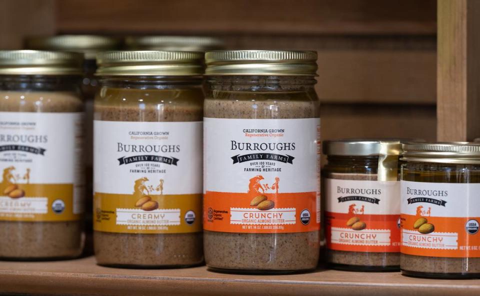 Organic almond butter at Burroughs Family Farms east of Denair, Calif., Tuesday, Sept. 19, 2023.