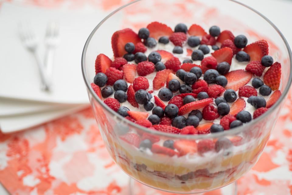 Triple Berry Trifle is made with angel food cake and instant vanilla pudding.
