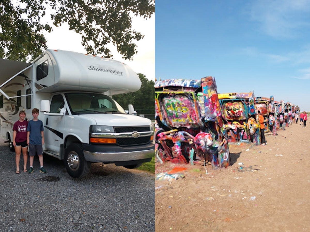 On the left, the the writer's kids standing for a picture in front of white RV. On the right, A view of the painted cars lined up at Cadillac Ranch