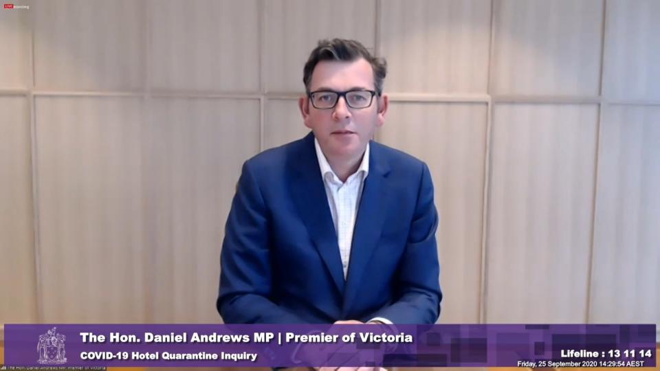 Victorian Premier Daniel Andrews was grilled at an inquiry into Victoria's botched hotel quarantine program on Friday. Source: AAP