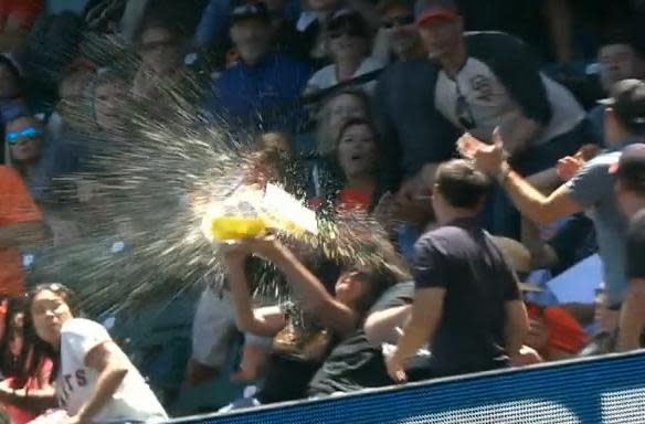 Giants' fan Thea Vierling lost her lunch thanks to Paul Goldschmidt's foul ball. (MLB)