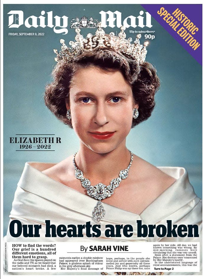 The Daily Mail front page on September 9, 2022, marking the death of Queen Elizabeth II.