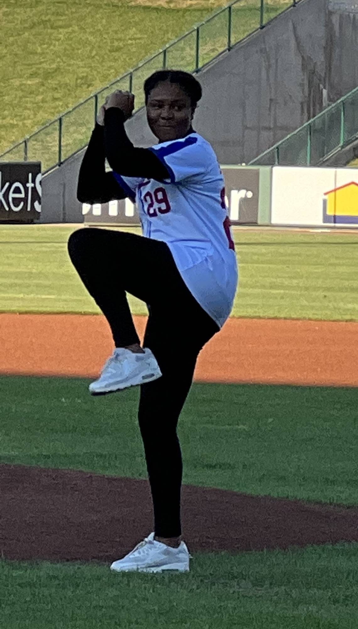Jaeda LaVonne, who will portray Toni Stone in the Unicorn Theatre’s play, showed good form throwing out the first pitch at a recent Kansas City Monarchs minor league game even though she has no background in baseball. Unicorn Theatre