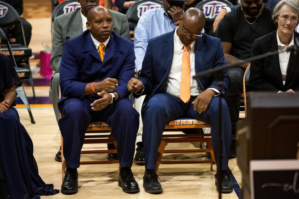 Kenya and Kareem Cager give each other a fist pump as they listen to speakers talk about their father Willie Cager, a Texas Western’s 1966 NCAA Championship team member, at a memorial celebration of his life on Friday, April 14, 2023, at the Don Haskins Center.