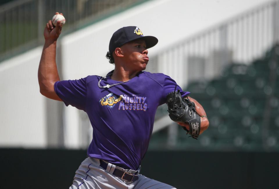 Players take part in a Fort Myers Mighty Mussels practice at Hammond Stadium in Fort Myers on Tuesday, April 4, 2023.