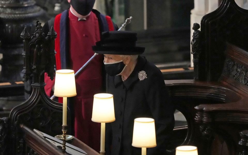 The Queen wearing Queen Mary's diamond and pearl brooch to Prince Philip's funeral - Yui Mok/Pool via AP