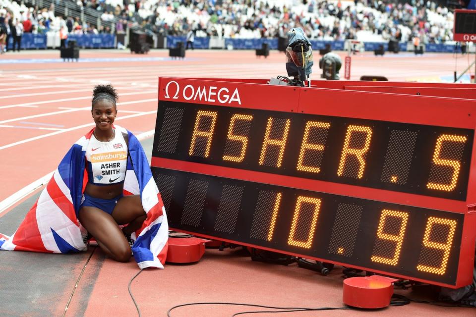 Dina Asher-Smith celebrates becoming the first British woman to run the 100 metres in under 11 seconds (Martin Rickett/PA) (PA Archive)