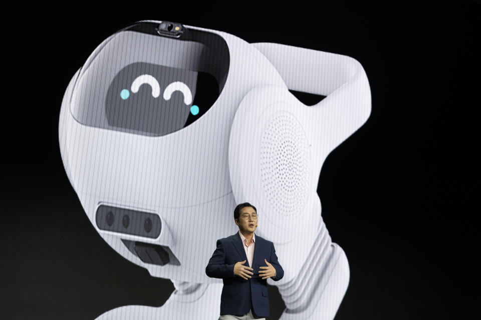 Henry Kim, team leader, ThinQ Platform Business at LG Electronics, announces the company's new smart home AI robot during an LG news conference before the start of the CES tech show Monday, Jan. 8, 2024, in Las Vegas. (AP Photo/Ryan Sun)