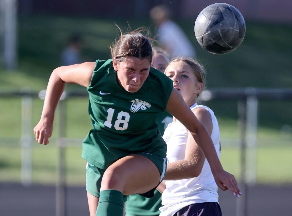 Clearfield’s Kennedi Hennley hits a header during a girls varsity soccer game against Box Elder at Clearfield High School in Clearfield on Thursday, Sept. 14, 2023. Clearfield won 2-1. | Kristin Murphy, Deseret News