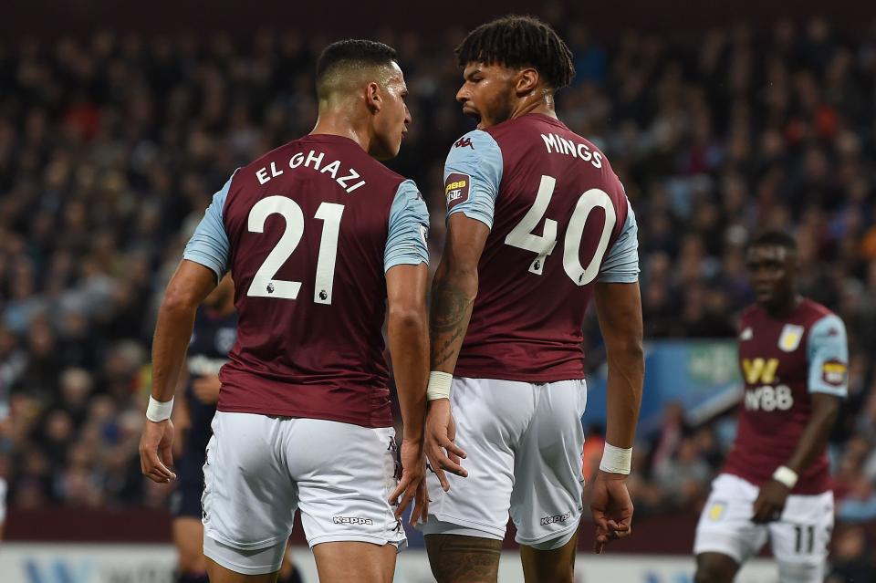 Aston Villa's Anwar El Ghazi and Tyrone Mings square-up. (Photo by Paul ELLIS / AFP)