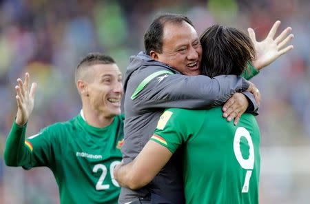 Football Soccer - Bolivia v Argentina - World Cup 2018 Qualifiers - Hernando Siles stadium, La Paz, Bolivia 28/3/17. Bolivia's Marcelo Martins celebrates with teammates after he scored his team's second goal. REUTERS/David Mercado.