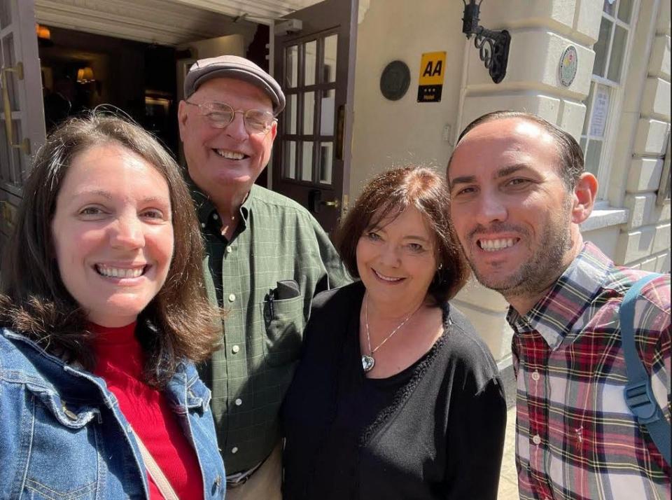 Katie Patchett Daniels, Robert Dale Patchett, Candy Putnam Patchett and Chase Daniels on a family trip to England in May 2023.