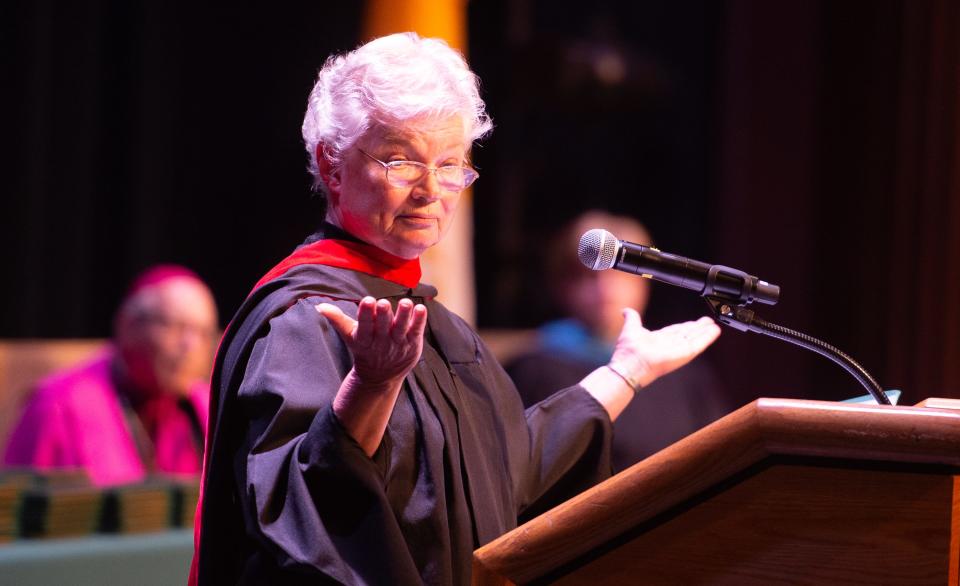 St. Joseph Academy vice principal Sister Suzan Foster  speaks during the school's 149th commencement ceremony for the class of 2022 in Flagler College's auditorium in St. Augustine on Friday, June 3, 2022.