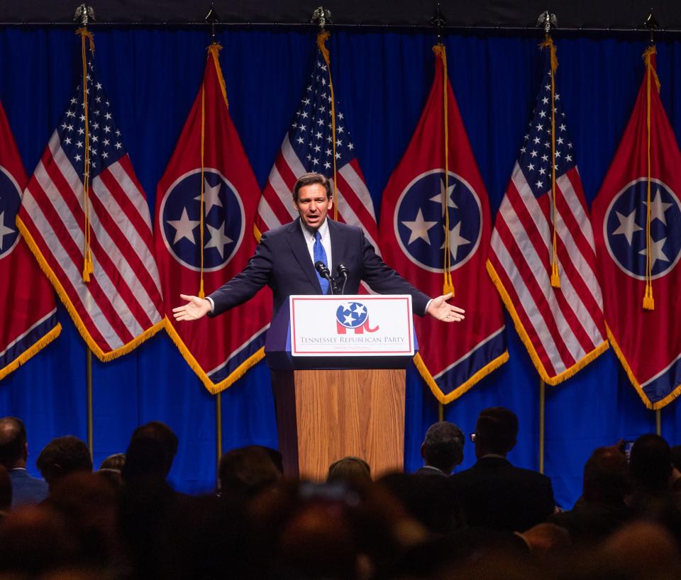 Florida Gov. Ron DeSantis speaks at the Tennessee Republican Party’s Statesman's Dinner on Saturday, July 15, 2023 at Music City Center. The dinner is the party's biggest annual fundraiser.