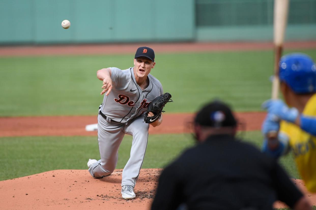 Detroit Tigers starting pitcher Matt Manning (25) pitches during the first inning against the Boston Red Sox at Fenway Park in Boston on Saturday, Aug. 12, 2023.