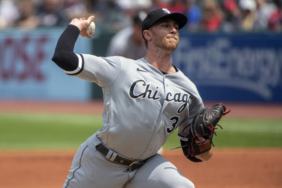 Chicago White Sox starting pitcher Michael Kopech delivers during the first inning of a baseball game against the Cleveland Guardians, Wednesday, May 24, 2023, in Cleveland. (AP Photo/Phil Long)