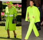 <p>The Queen is known for her classic style, which often includes <a href="https://www.townandcountrymag.com/style/fashion-trends/a21931287/queen-elizabeth-fashion-bright-colors/" rel="nofollow noopener" target="_blank" data-ylk="slk:bright monochrome looks;elm:context_link;itc:0;sec:content-canvas" class="link ">bright monochrome looks</a>, but the neon green coat she wore to a garden party in 2018 was one of her boldest outfits to date. Clearly, Blake Lively got the memo, as she stepped out in New York a few months later dressed in a head-turning neon green suit. </p>