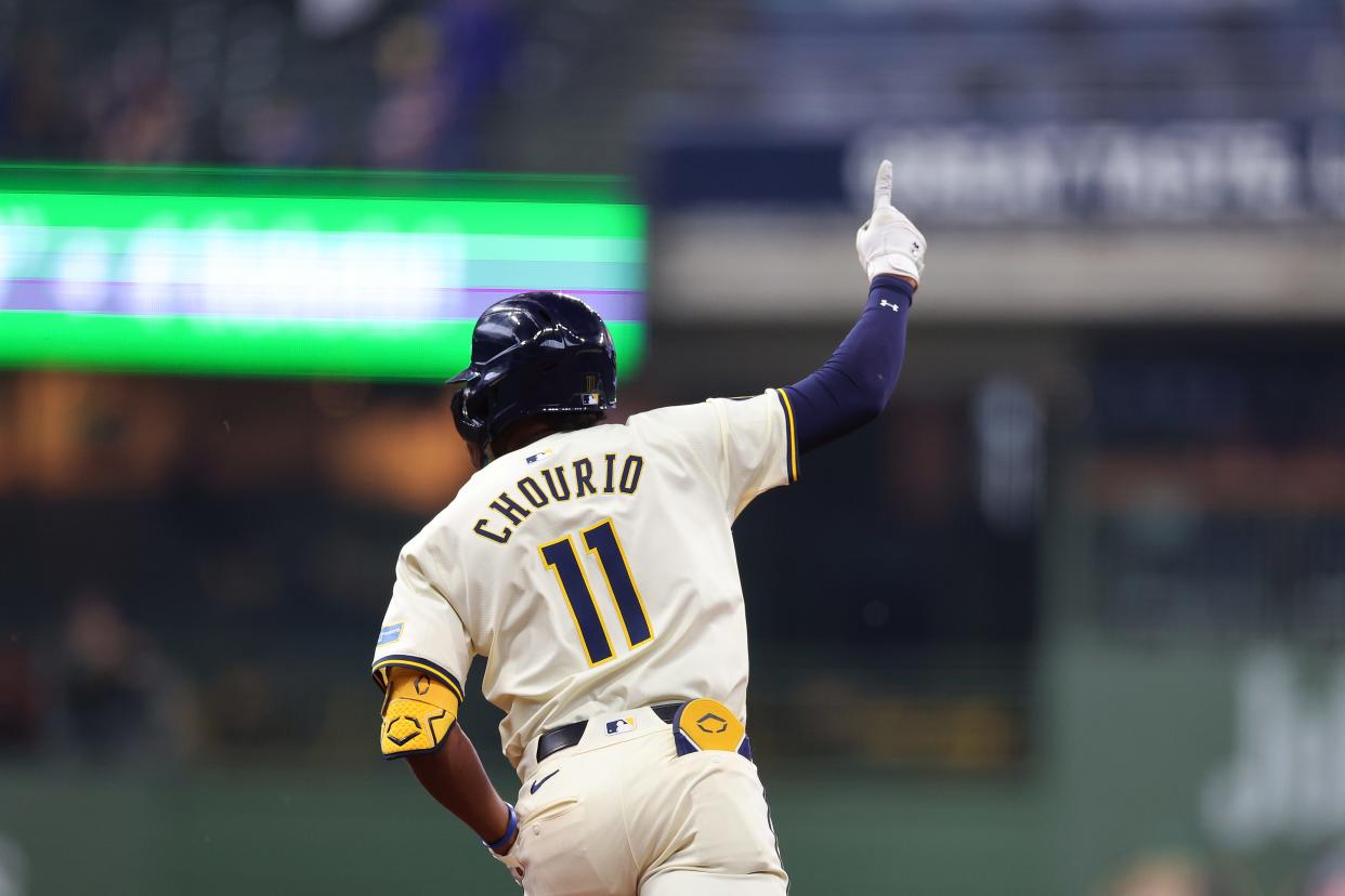 MILWAUKEE, WISCONSIN - APRIL 03: Jackson Chourio #11 of the Milwaukee Brewers runs the bases following his first major league home run during the fifth inning against the Minnesota Twins at American Family Field on April 03, 2024 in Milwaukee, Wisconsin. (Photo by Stacy Revere/Getty Images)