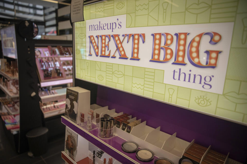 In this photo taken on May 7, 2021, a display inside a Sephora store in New York features Black-owned beauty brands. Sephora recently announced a commitment to devote at least 15% of its store shelves to Black-owned brands. (AP Photo/Robert Bumsted)