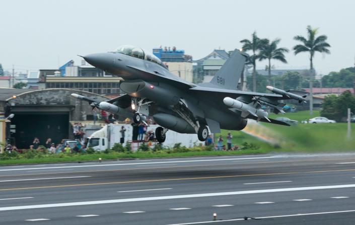 Taiwan Air Force F-16V during a anti-invasion drill on hight-way road in Chang-Hua on May 28, 2019 in Chang-Hua, Taiwan