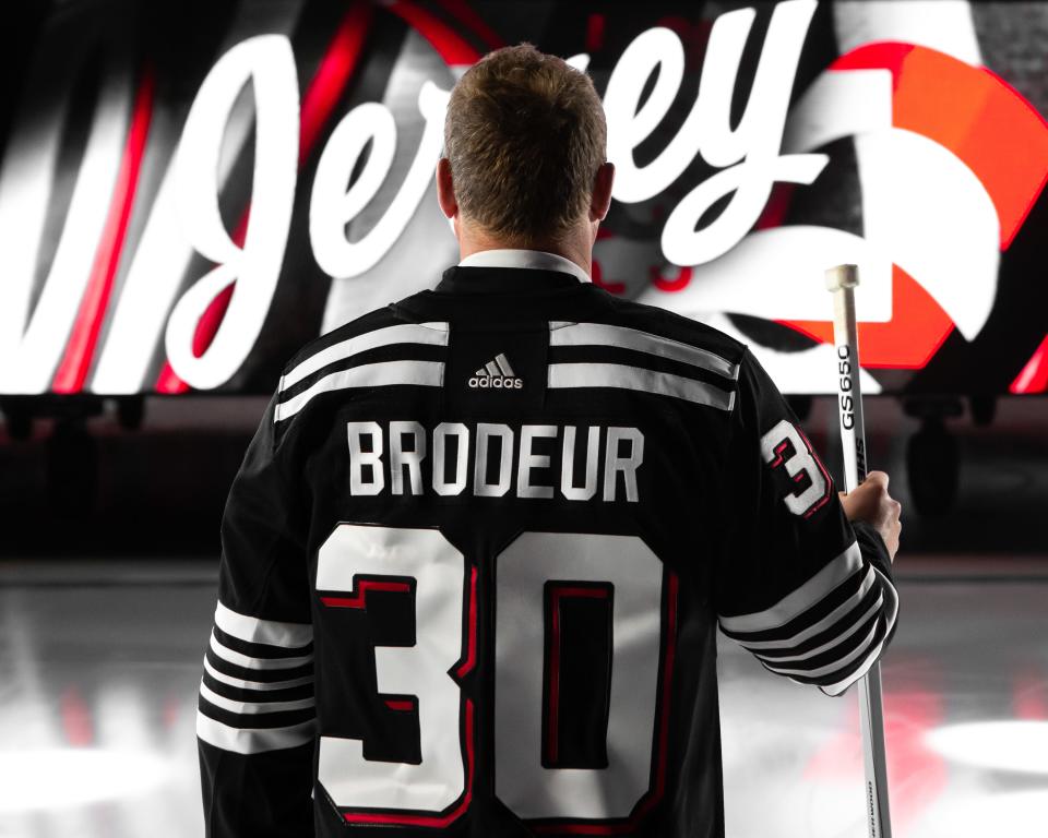 New Jersey Devils unveil the organization’s first-ever third jersey on Nov. 23, 2021. The black jersey with red-shadowed design highlights the state’s professional hockey heritage.