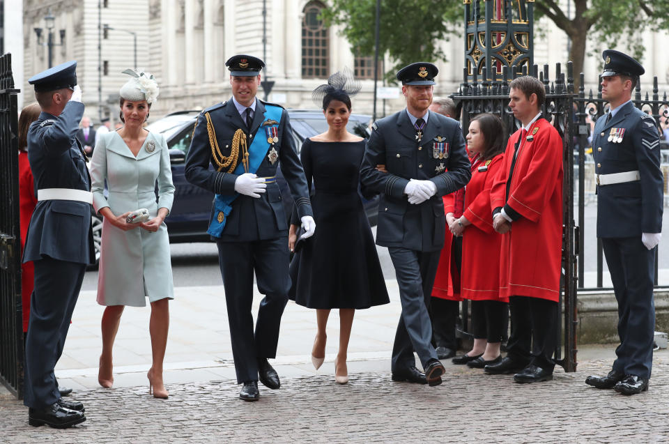 The Duke and Duchess of Cambridge and the Duke and Duchess of Sussex arrive at the Westminster Abbey service. [Photo: PA]