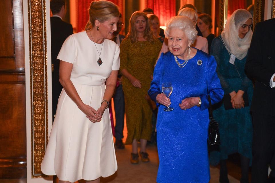 The Queen, accompanied by the Countess of Wessex, attends a reception to celebrate the work of the Queen Elizabeth Diamond Jubilee Trust at Buckingham Palace in London (PA/Kirsty O'Connor)