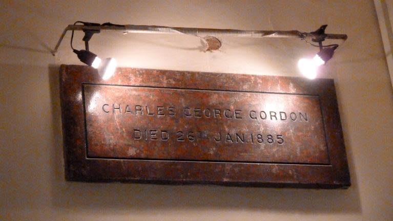 A commemorative plaque, bearing the name General Charles George Gordon and the date of his death, is pictured at Khartoum's Republican Palace, on February 7, 2014