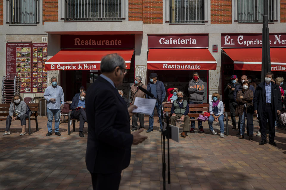 Socialist candidate for the Madrid elections Angel Gabilondo gives a speech during an election campaign in Alcobendas, outskirts of Madrid, Spain, Monday, April 19, 2021. Residents in Madrid, one of Europe's worst-hit regions by the coronavirus pandemic, are hitting the polls on Tuesday to elect a new regional assembly in a vote resembling a plebiscite on lockdown measures. (AP Photo/Bernat Armangue)