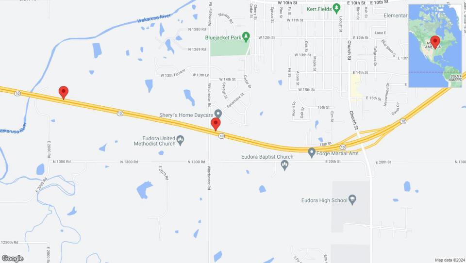A detailed map that shows the affected road due to 'Traffic alert issued due to heavy rain conditions on westbound K-10 in Eudora' on May 6th at 10:32 p.m.