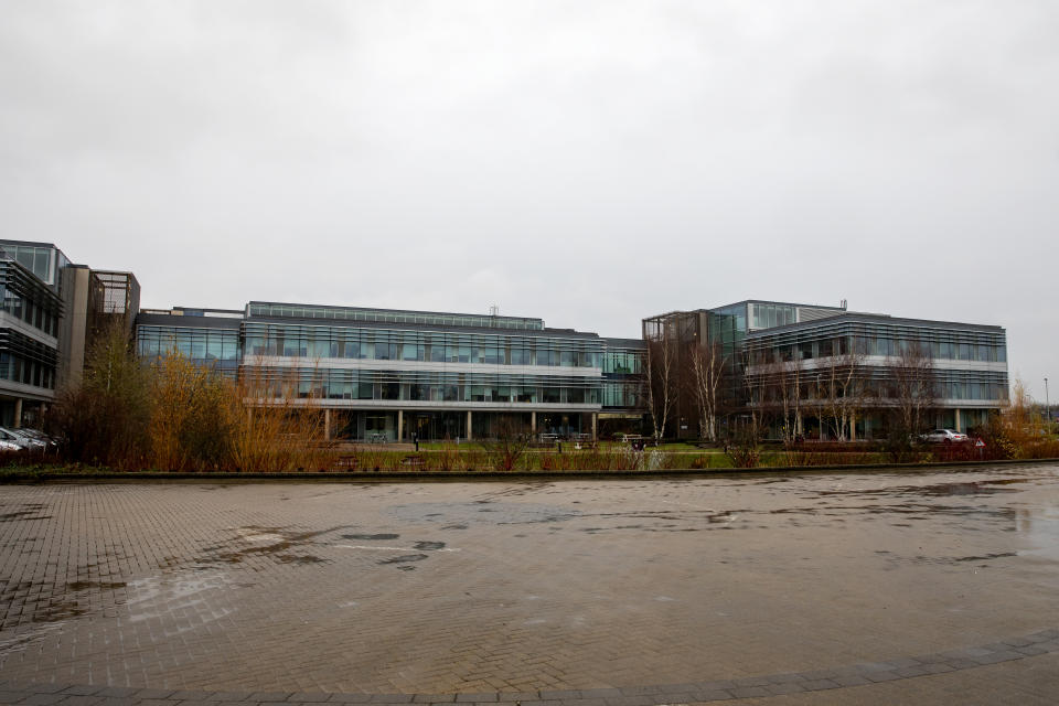 This Dec. 12, 2019, photo shows a sign at the Mundipharma International headquarters at Cambridge Science Park in England. Mundipharma is the international affiliate of Purdue Pharma, the maker of the blockbuster painkiller OxyContin. Mundipharma is now marketing Nyxoid, a new brand of naloxone, an opioid overdose reversal medication. (AP Photo/Leila Coker)