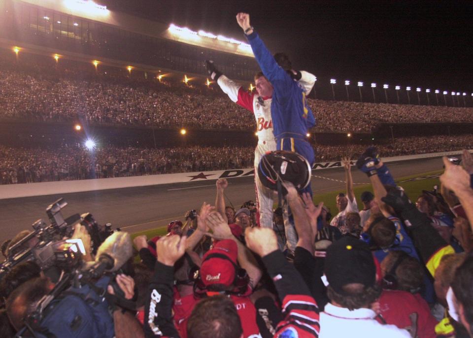 Dale Earnhardt, Jr. and Michael Waltrip celebrate their one two finish in the  Pepsi 400 win at Daytona International Speedway in Daytona Beach, FL Saturday July 7, 2001.