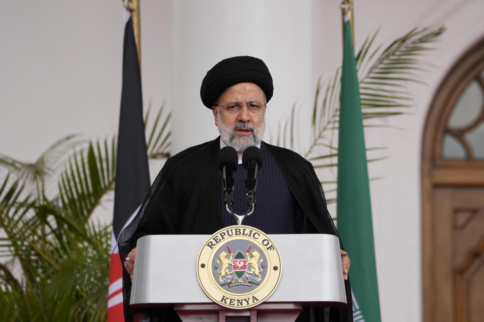 Iran's President Ebrahim Raisi speaks at a joint press conference after meeting with Kenya's President William Ruto at State House in Nairobi, Kenya Wednesday, July 12, 2023. Iran's president has begun a rare visit to Africa as the country, which is under heavy U.S. economic sanctions, seeks to deepen partnerships around the world. (AP Photo/Khalil Senosi)