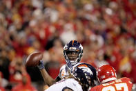 Denver Broncos quarterback Teddy Bridgewater throws during the first half of an NFL football game against the Kansas City Chiefs Sunday, Dec. 5, 2021, in Kansas City, Mo. (AP Photo/Charlie Riedel)