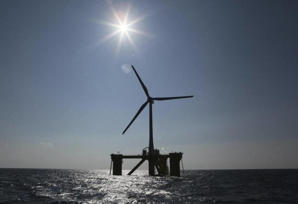 This floating wind turbine was installed 20 kilometers off the coast of Naraha, Fukushima Prefecture, in northeastern Japan in 2013. Plans call for building similar turbines off the Central Coast. Koji Sasahara/Associated Press