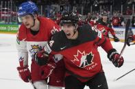 Canada's Dylan Cozens celebrates his goal during a match between the Czech Republic and Canada in the semifinals of the Hockey World Championships, in Tampere, Finland, Saturday, May 28, 2022. (AP Photo/Martin Meissner)