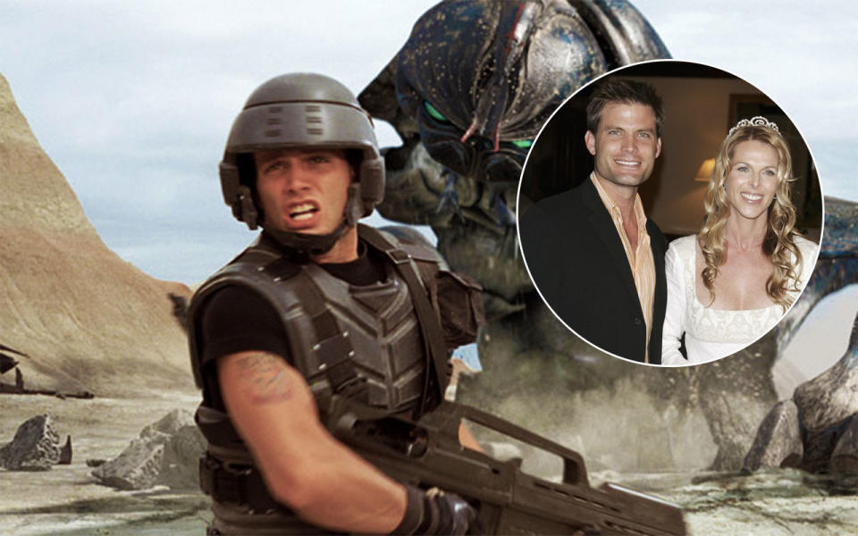 Casper Van Dien in 'Starship Troopers' and inset with ex-wife Catherine Oxenburg (Credit: Buena Vista/Getty Images)