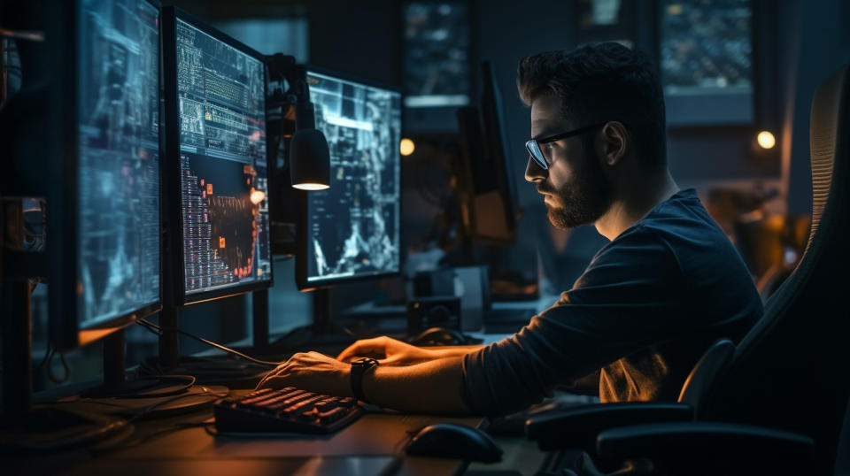 A software engineer with headset typing at a computer terminal, surrounded by multiple monitors.